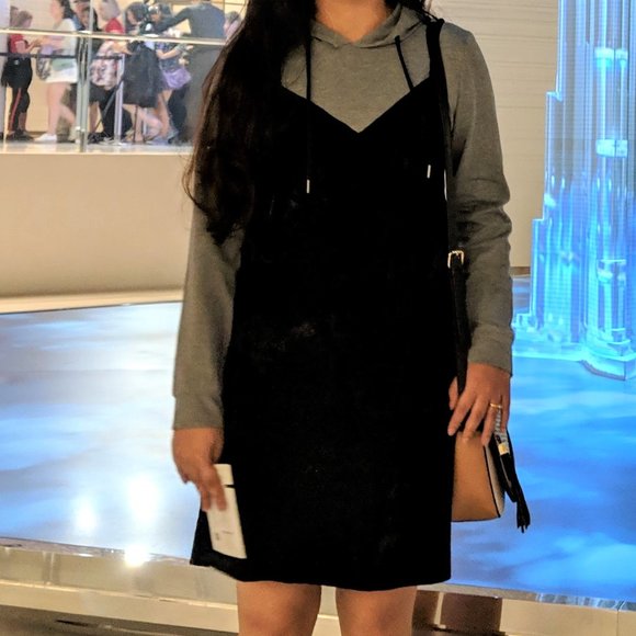 Noisy May Black spaghetti full sleeve velvet dress with grey hoodie attached in - Picture 2 of 13